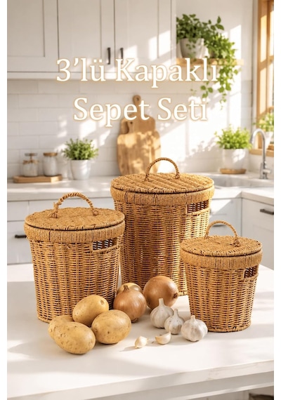 Tr Pbt-920 3lü Hasır Sepet Kapaklı Bambu Sepet Seti Dekoratif Banyo Mutfak Düzenleyici Organizeri Diğer
