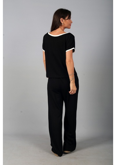 By Saygı Kadın Geniş Yaka Bluz Beli Lastikli Cepli Bol Paça Pantolon Biyeli Modal 2'li Takım Siyah By Saygı Kadın Geniş Yaka Bluz Beli Lastikli Cepli Bol Paça Pantolon Biyeli Modal 2'li Takım Siyah