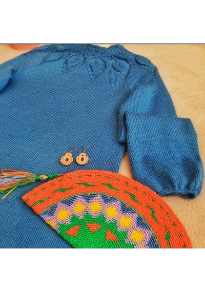 Kemzey Handmade Saks Mavisi Triko Elbise , Örgü Yaprak Desenli Midi Elbise Saks