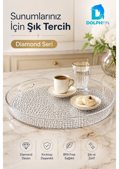Diamond Kırılmaz Yuvarlak Servis Tepsisi 39 Cm Kulplu Kaymaz Şeffaf Bpa İçermez