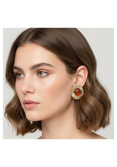 Kadın Kahve Taşlı Gold Renk Detaylı Çelik Küpe 30 Mm