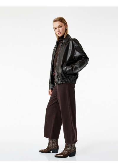 Koton Pamuklu Geniş Paça Kemerli Crop Pantolon - Wide Leg Jeans Kahverengi 7wal40008mw Kahve