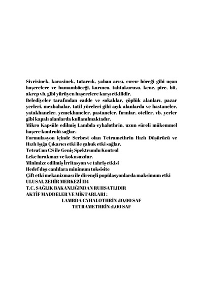 Tetracon Cs Akrep, Pire, Kene, Hamamböceği, Tahtakurusu Genel Haşare İlacı 50 Ml
