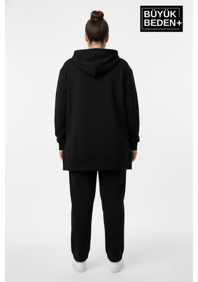 Superlife Büyük Beden Kapşonlu Ny Newyork Baskılı Tunik İnce Sweatshırt Spr26btk991-1 Siyah