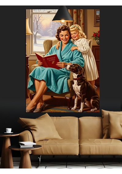 Mutlu Aile Köpekleri İle Retro Dekoratif Kanvas - Mdf Ahşap Tablo