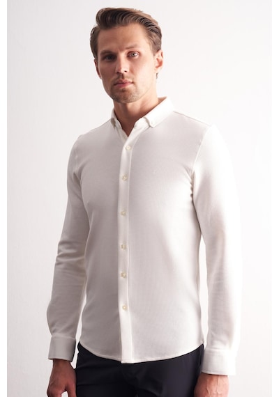 İmza Ekru Uzun Kol Düğmeli Yaka Kendinden Desenli Pamuklu Slim Fit Gömlek 1004255267 Ekru