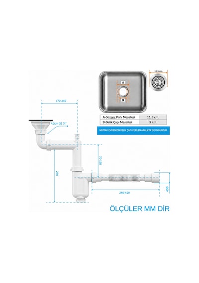 Aqua Bagno Comfort Yer Kazandıran Taşma Deliksiz Mutfak Eviye Sifonu Kolay Temizlenir, Ayarlanabilir Koku Önleyici Gid beyaz