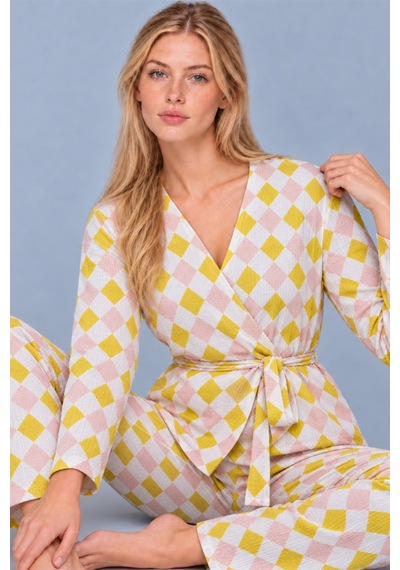 Kadın Desenli Ev Stili Kuşaklı Sarı Pijama Takımı 4807