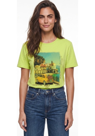 Onloox Kadın Fıstık Yeşili Fıstık Yeşili Pamuklu Bisiklet Yaka Kısa Kollu Italy Temalı Baskılı Premium Tasarım T-shirt