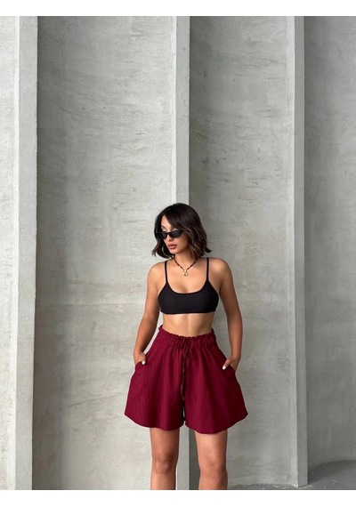 By Mop Volanlı Keten Şort Bordo S255058 Bordo