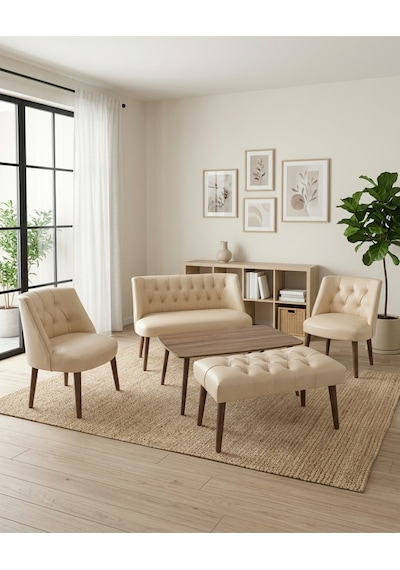 Milano Krem Deri Çay Seti Koltuk Takımı 2+1+1 Bench Sehpa Dahil Ofis Balkon Kuaför Bekleme Takımı