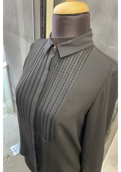 Pera Moda Önü Dantelli Küçük Ve Büyük Beden Şık Gömlek Siyah