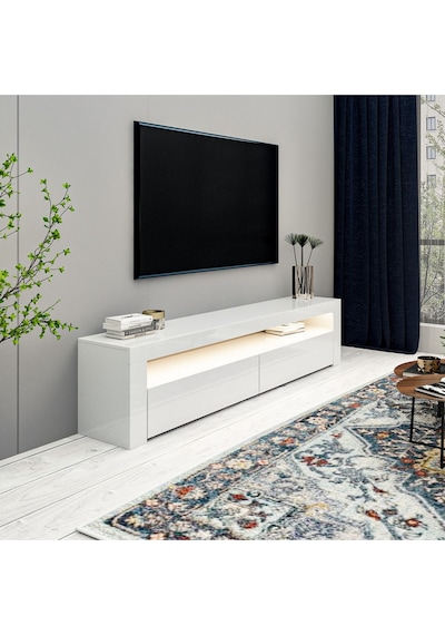 Batı LED Işıklı 2 Kapaklı TV Sehpası – 150 cm – Minimal Tasarım, Parlak Beyaz Batı LED Işıklı 2 Kapaklı TV Sehpası – 150 cm – Minimal Tasarım, Parlak Beyaz