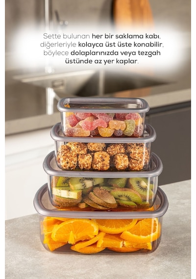 Vienev 4lü Hava Geçirmez Saklama Kabı Seti Antrasit 1x 250-500-750-1200 Ml Antrasit