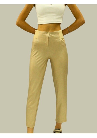 Afri Kadın Yüksek Bel Suni Deri Pantolon Toparlayıcı Slim Fit Bej Esnek Ve Şık Tasarım Bej
