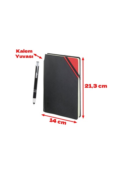 Kırmızı Touchpen Metal Tükenmez Kalemli Dikişli Çizgili Defter