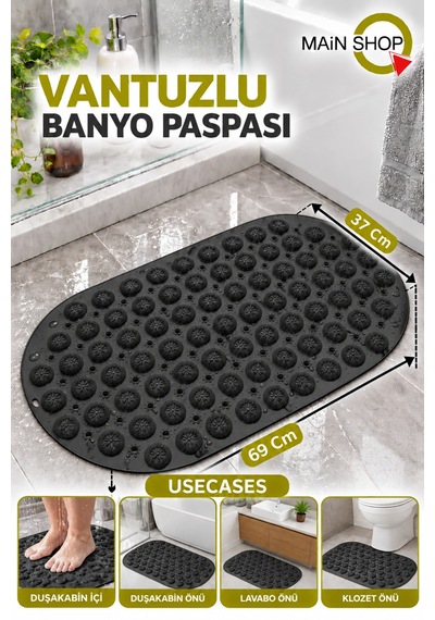 Kaydırmaz Duşakabin Banyo Ve Duş Paspası Masajlı Vantuzla Yapışır 37 X 69 Cm M-142 Siyah
