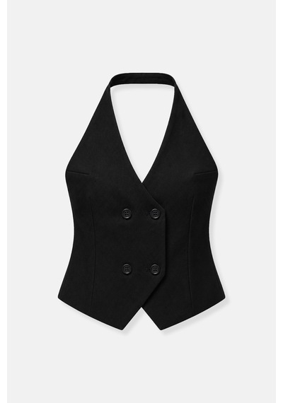 Thalure Kadın Siyah Halter Yaka Kruvaze Fit Yelek
