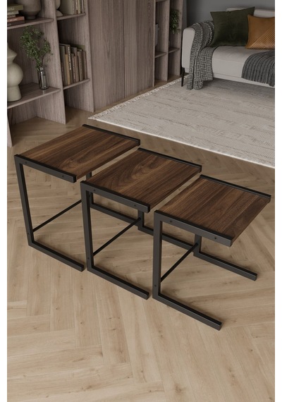 Bronte 3 Lü Zigon Sehpa, Metal Zigon Sehpa Ceviz