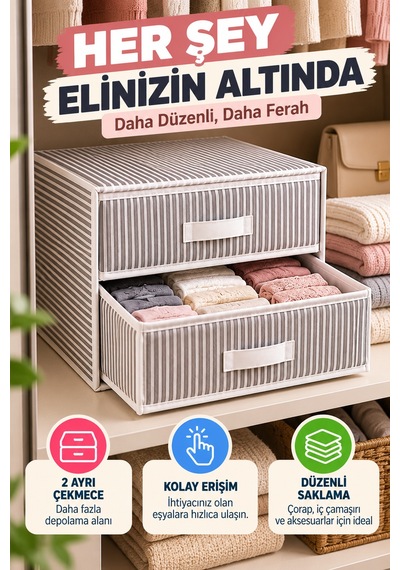 2 Katlı Çekmece Organizer Gri Çizgili Çorap İç Çamaşırı Dolap İçi Düzenleyici 31x30x22 Cm Organizer.