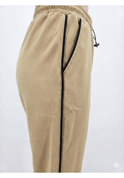 Ribana Classic Kadın Vizon Renk Bel Ve Bilek Lastik Detaylı Yan Tek Şerit Çizgili Çift Cepli İpli Pantolon 3564 Vizon