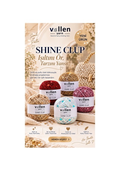 Shine Clup Simli Pullu El Örgü İpi 50 Gr 150 M Polyester Tığ Ve Şiş İpi Çanta Aksesuar İpi