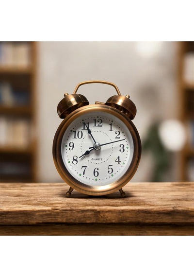 Retro Çift Çanlı Alarmlı Masa Saati, Quartz, Bronz Rengi, Vintage Tasarım, Dekoratif Çok Renkli