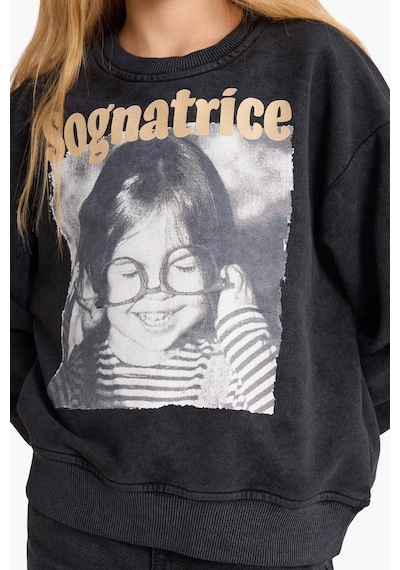 Defacto Kız Çocuk Oversize Geniş Kalıp Bisiklet Yaka Baskılı Sweatshirt G3270a825wnar104 Antrasit-ar104