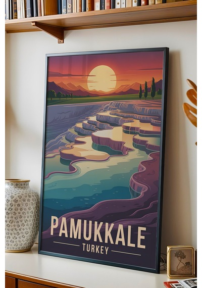 Pamukkale Tablo - Retro Travel Poster - Denizli Şehir Serisi Duvar Dekoru - Çerçeveli İllüstrasyon Siyah