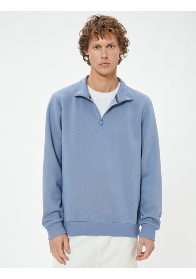Koton Yarım Fermuarlı Yaka Basic Şardonlu Pamuk Karışımlı Uzun Kollu Sweatshirt Mavi 5wam70002mk Mavi