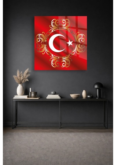 Türk Bayrağı Ay Yıldız Gold Osmanlı Cam Tablo Modern Sanat Tablosu Uv Baskılı Canlı Renkler Yatak Odası Ve Antre Anlamlı Hediye Seçeneği