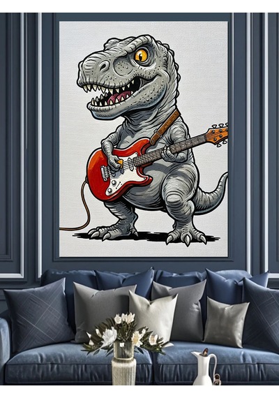 Dinozor Gitar Çalan Müzisyen Dekoratif Kanvas - Mdf Ahşap Tablo