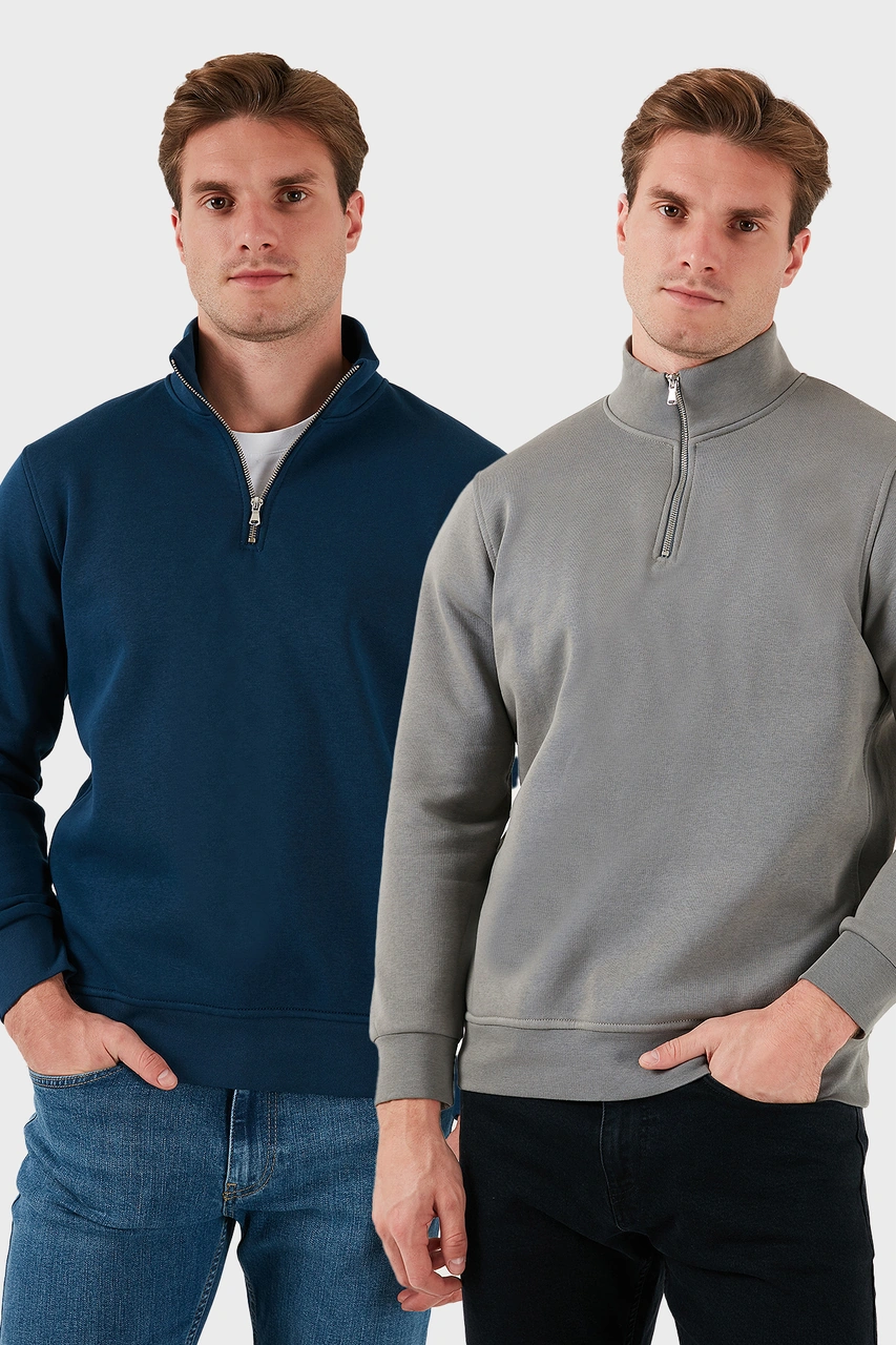 Buratti Pamuklu Regular Fit Dik Yaka 2'Li Paket Erkek Sweat 59052592S2 Açık Haki-Indigo