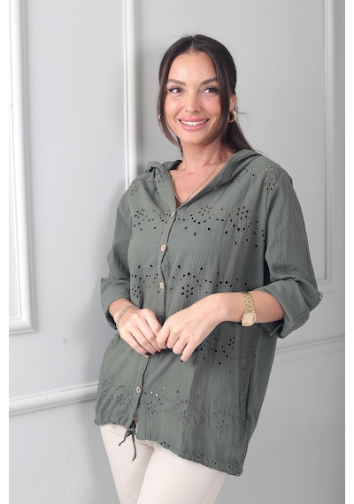 By Saygı Kadın Kapüşonlu Önü Düğmeli Cepli Brode Fisto İşlemeli İtalyan Cotton Ceket Haki
