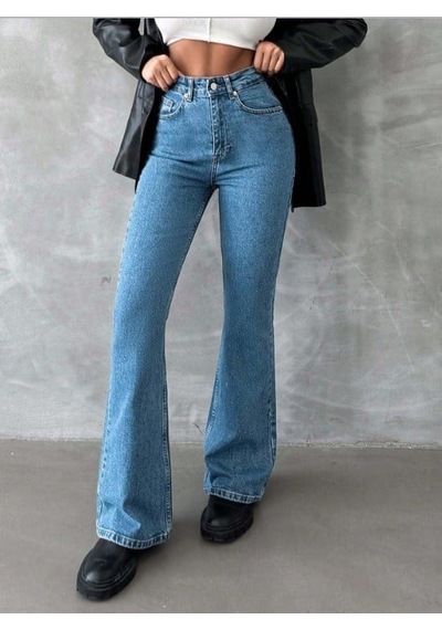 Herton Yüksek Bel İspanyol Paça Jean Pantolon - Eskitme Detaylı Full Pamuklu Flare Denim Koyu Mavi