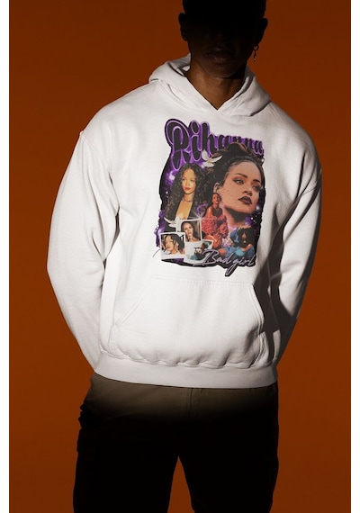 Şarkıcı Rihanna Baskılı Unisex Oversize Hoodie Beyaz
