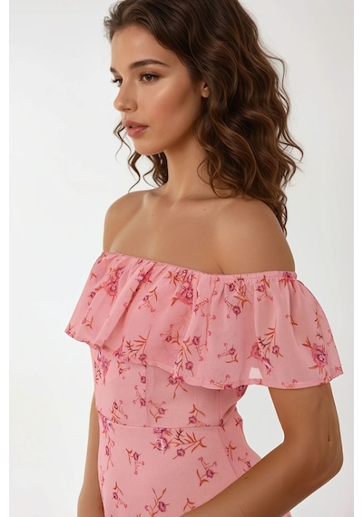 Hiccup Omzu Açık Çiçek Desenli Bodycon Midi Elbise Pembe