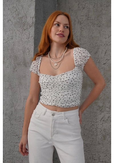 Defymoda Puantiyeli Belden Oturtmalı Tül Beyaz Bluz Beyaz