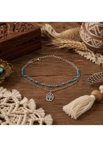 Turquoise Tree Of Life Stainless Steel Anklet Yaşam Ağacı Turkuaz Boncuklu Çelik Halhal Çok Renkli