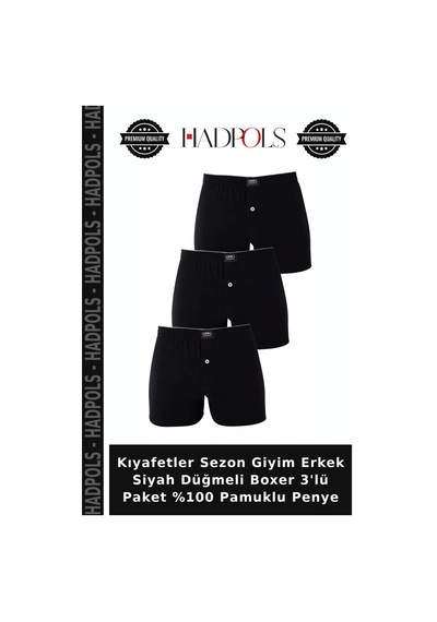Hadpols Kıyafetler Sezon Giyim Erkek Siyah Düğmeli Boxer 3'lü Paket %100 Pamuklu Penye