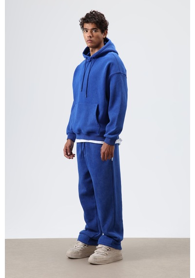 Vamos Basic Oversize Yıkamalı Hoodie Saks Mavi