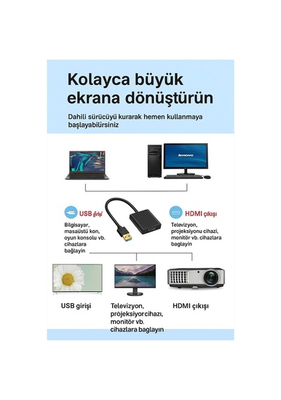 Hd08 Usb 3.0 5gbps To Hdmı Dönüştürücü Adaptör 1080p Fullhd Aynalama Ve Genişletme Modu