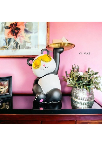 Lüks Gözlüklü Panda Anahtar Tepsisi Biblo Çok Amaçlı Sehpa Dekoru Takı Telefon Organizeri 27 Cm