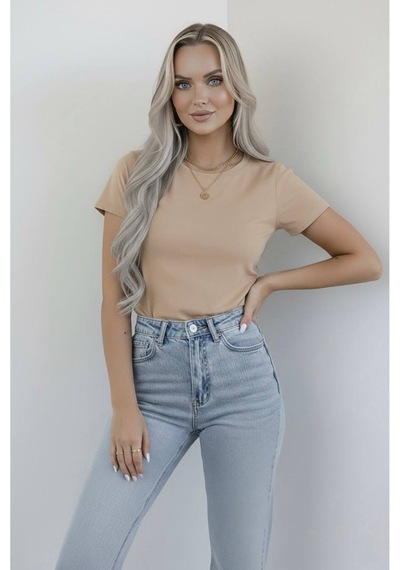 Hashtag Kadın Bisiklet Yaka Kısa Kollu Body Basic Tişört Viskon Kumaş Bej