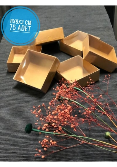 75 Adet 8x8x3 Cm Asetat Kapaklı Kraft Kutu Düğün Nişan Kına Hediyelik Kutu Kraft 8 X 8 X 3