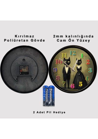 Aşk Siyah Kedi Çifti Temalı Dekoratif Duvar Saati 28 Cm Sessiz Mekanizma Çok Renkli