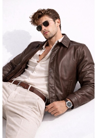Freemen Erkek Beli Lastikli İç Cepli Suni Deri Bomber Oversize Ceket-389 Kahverengi