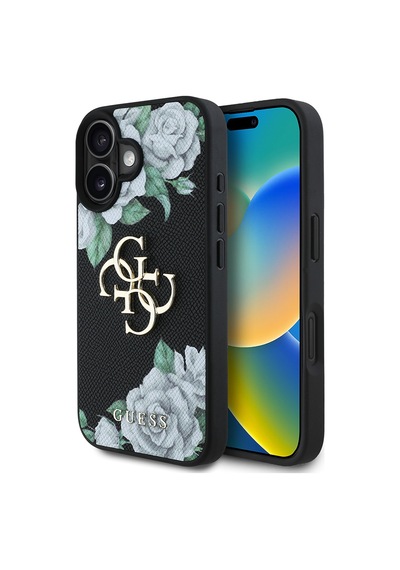 Apple Uyumlu iPhone 16 Kılıf Guess Lisanslı Gül Baskılı Büyük Metal Logo Dizaynlı Kapak Siyah
