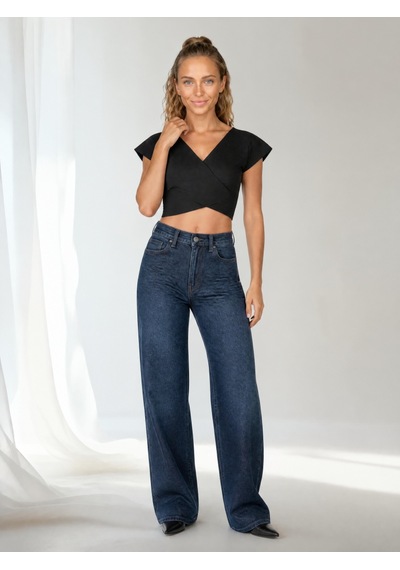 Nealirsanall.com Kadın Kruvaze Crop Top - V Yaka Kısa Kol Bluz Siyah