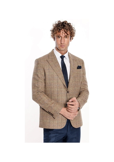 Wessi Balıksırtı Desen Slim Fit Yün Taba Erkek Ceket Taba